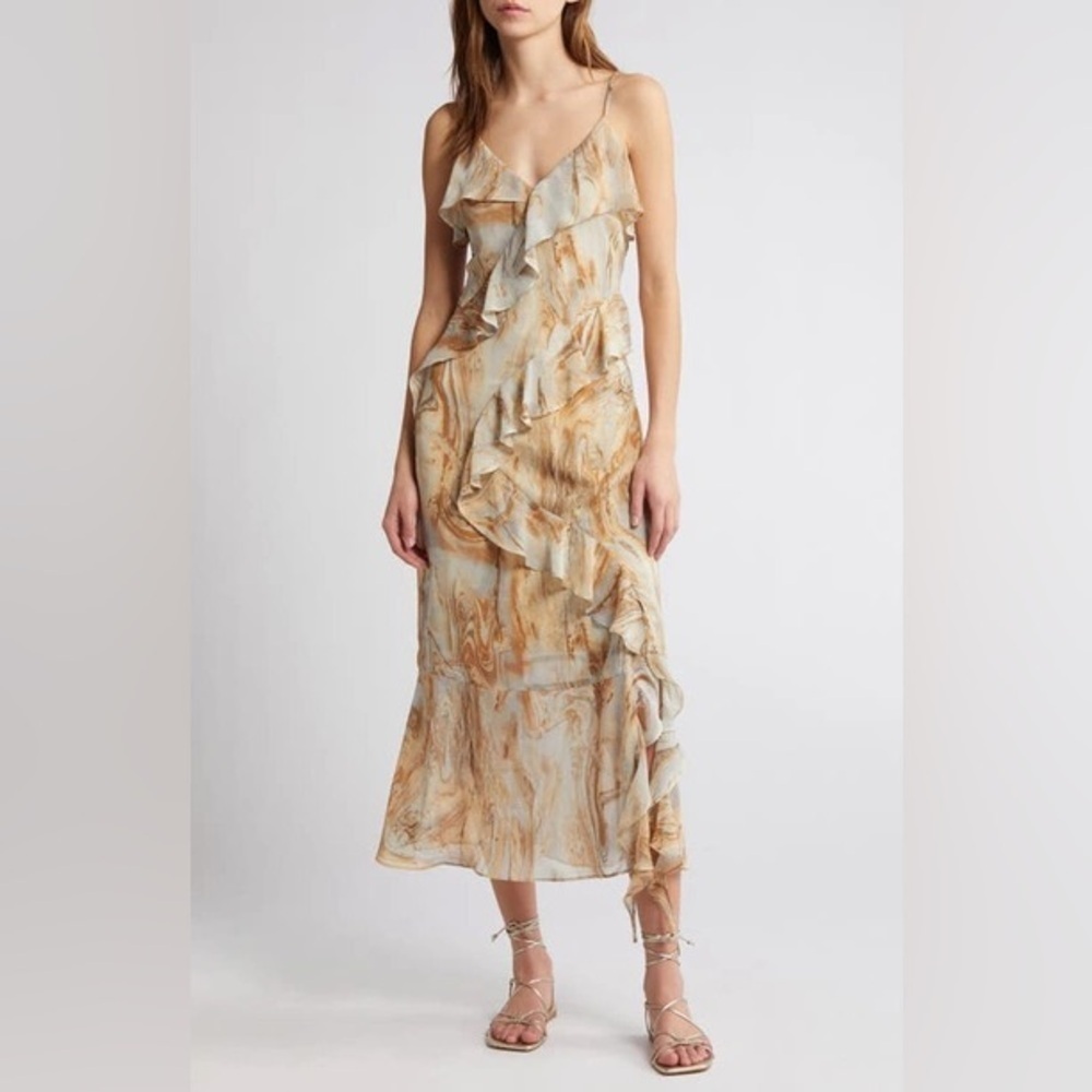 Blu Pepper One Shoulder Ruffle Dress in Cream and Tan